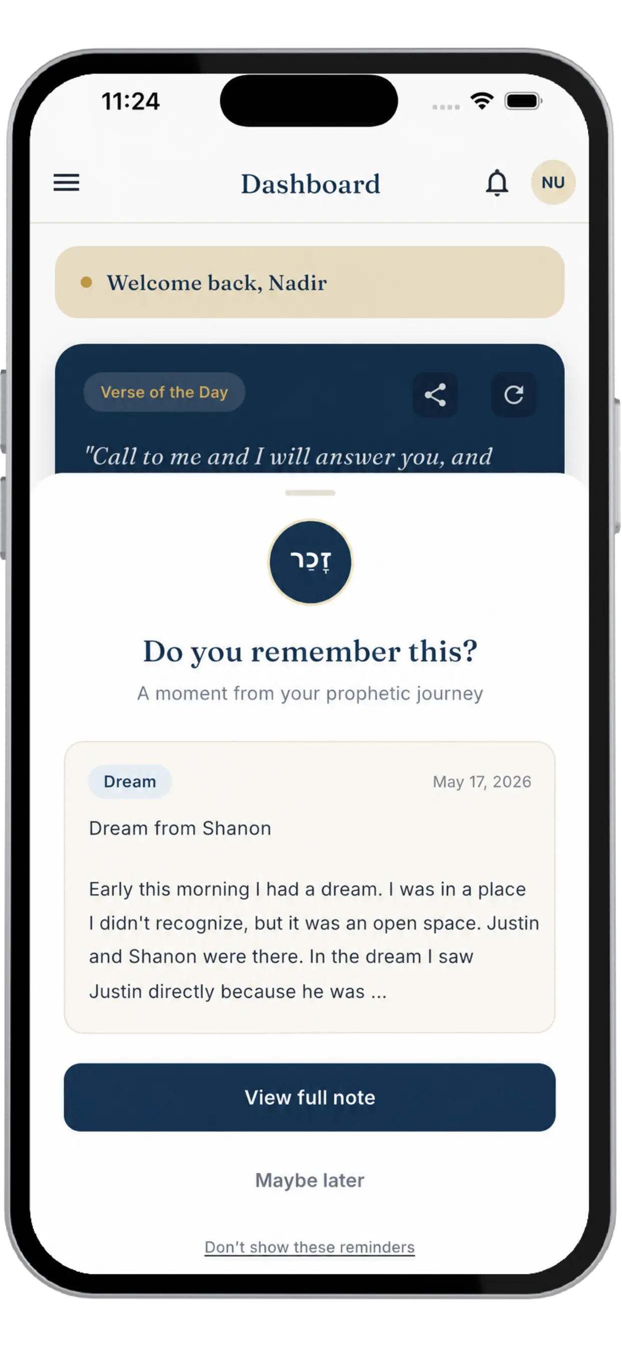 My Prophetic Journal dashboard showing a Remembrance Moments reminder