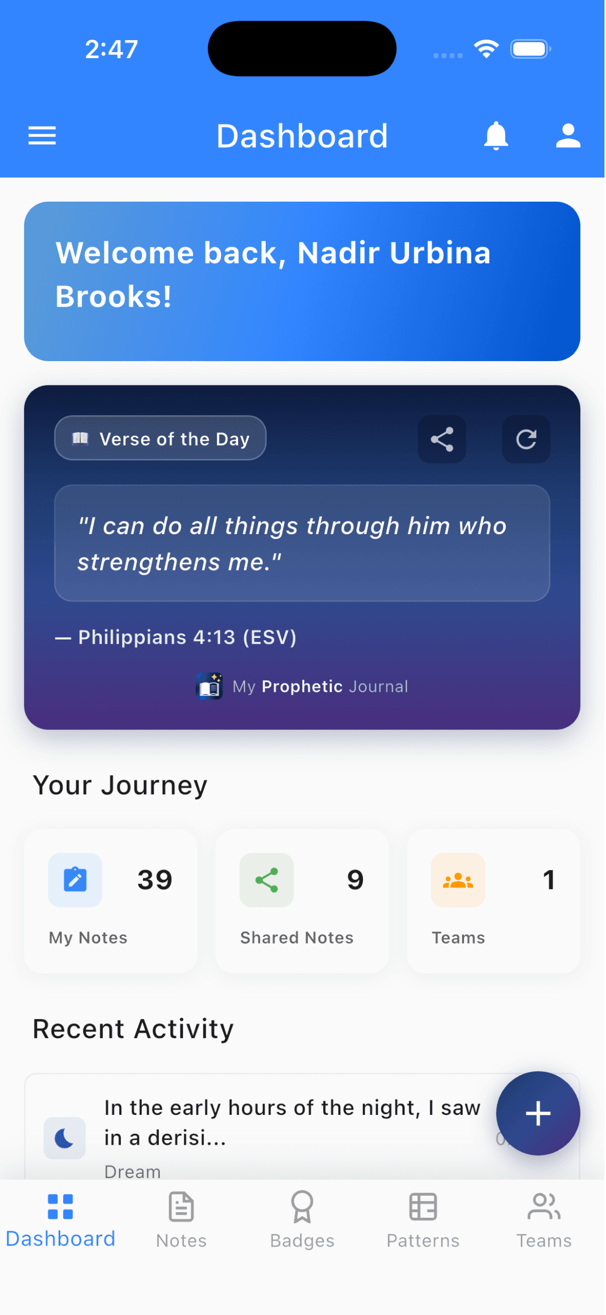 My Prophetic Journal dashboard
